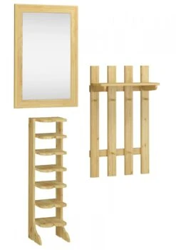 Garderobenset Schuhregal Wandspiegel Hängegarderobe Flurmöbel Massivholz Kiefer 90.80-11-Set