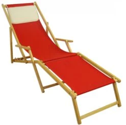 Liegestuhl Rot Fußablage Kissen Deckchair Klappbar Sonnenliege Holz Gartenliege 10-308 N F KH