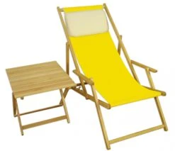 Strandstuhl Gelb Gartenliege Strandliege Deckchair Tisch Kissen Liegestuhl Holz Hell 10-302NTKH